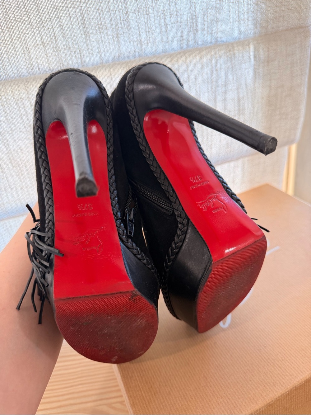 Christian Louboutin Black Suede Tassel Platform Booties - Picture 2 of 5